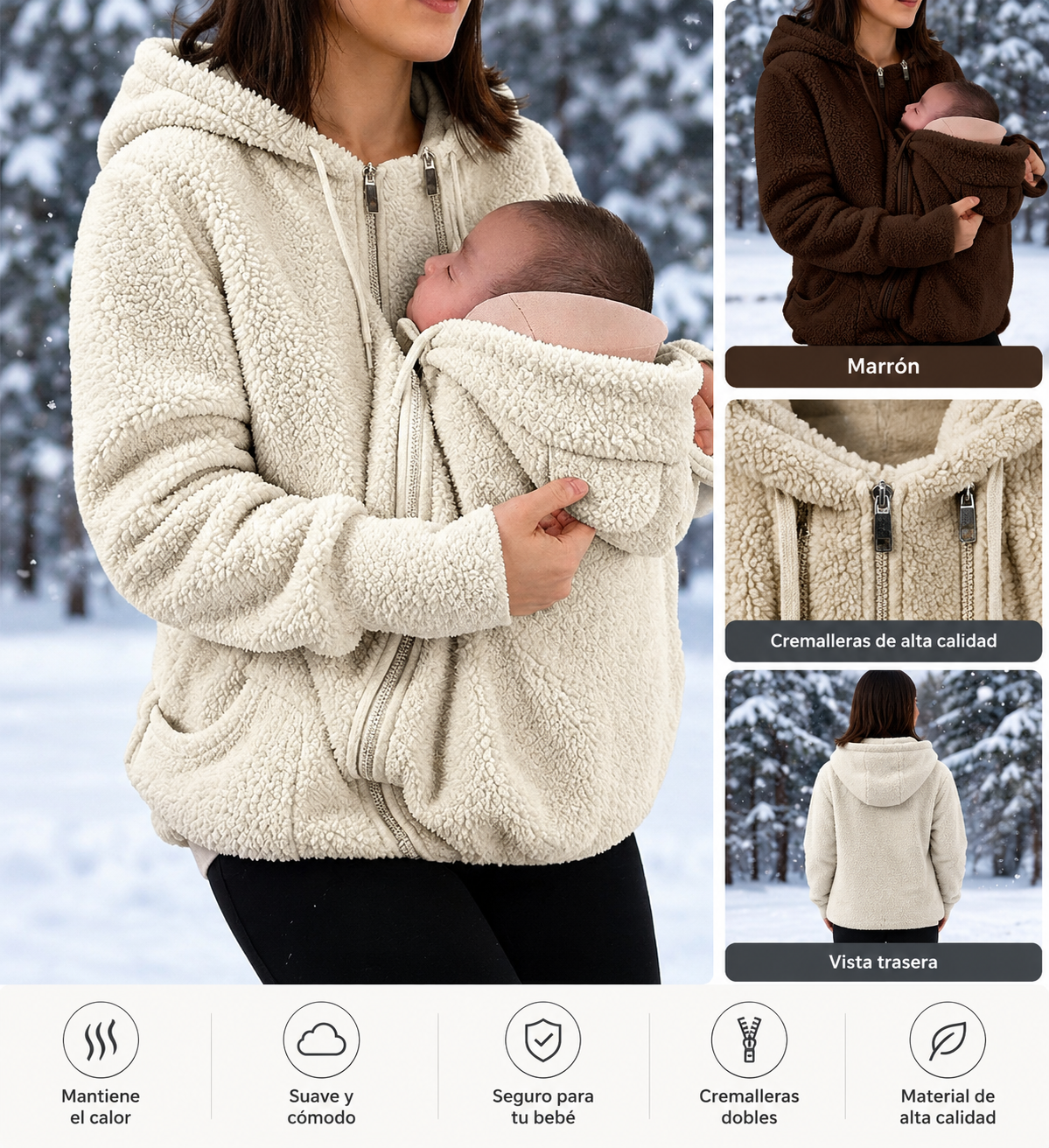 Abrigo polar para mamá y bebé, manos libres