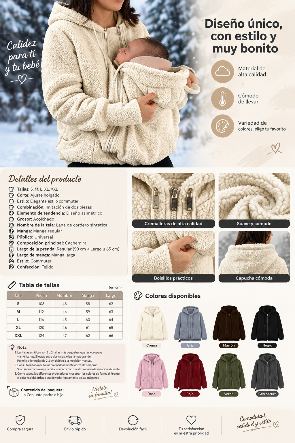 Abrigo polar para mamá y bebé, manos libres